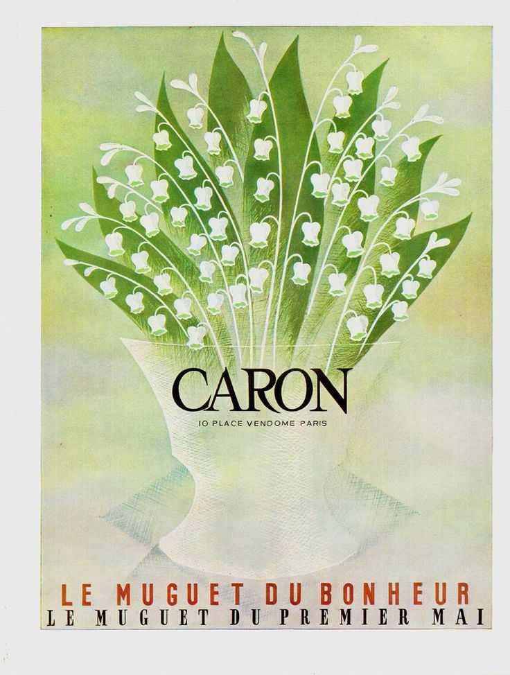 1960 advertisement for Caron's Muguet du Bonheur, with green and white lilies of the valley.