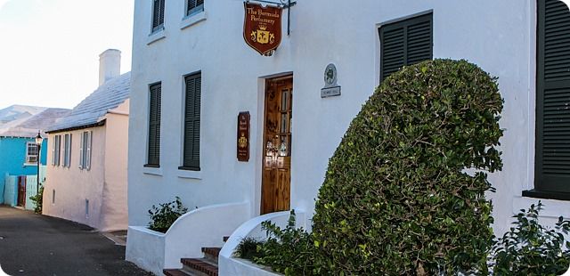 The Bermuda Perfumery in St. George's, Bermuda, with pastel houses