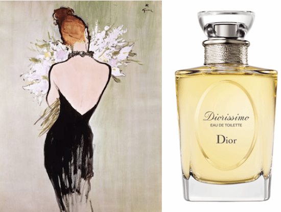 Vintage ad and current bottle for Diorissimo eau de toilette, by Christian Dior.