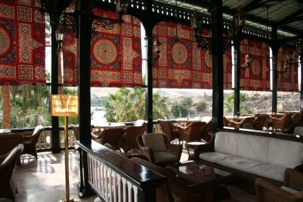 Porch of the Old Cataract Hotel in Aswan, Egypt, looking over the Nile River