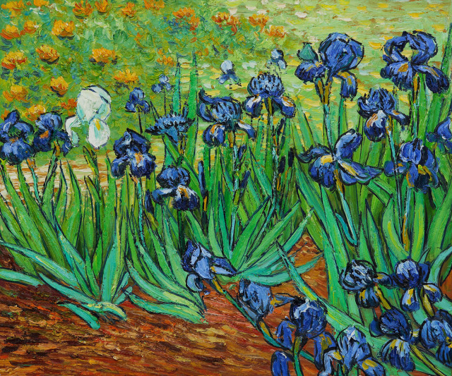 Oil painting of iris flowers with lone white iris, by Vincent van Gogh