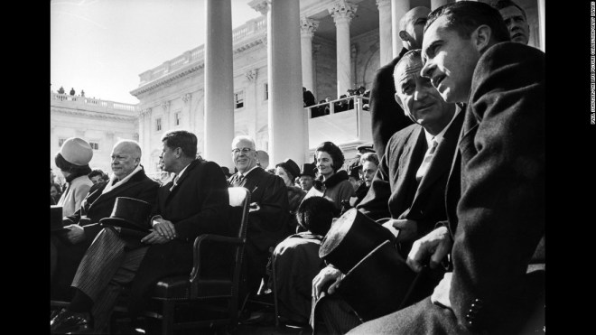 Jackie Kennedy, JFK, Johnson, Nixon, Eisenhower at JFK's inauguration in 1961