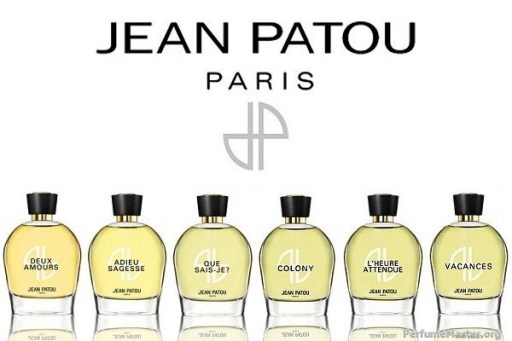 Six bottles of reformulated classic Jean Patou perfumes: Duex Amours, Adieu Sagesse, Que Sais-Je?, Colony, L'Heure Attendue, Vacances
