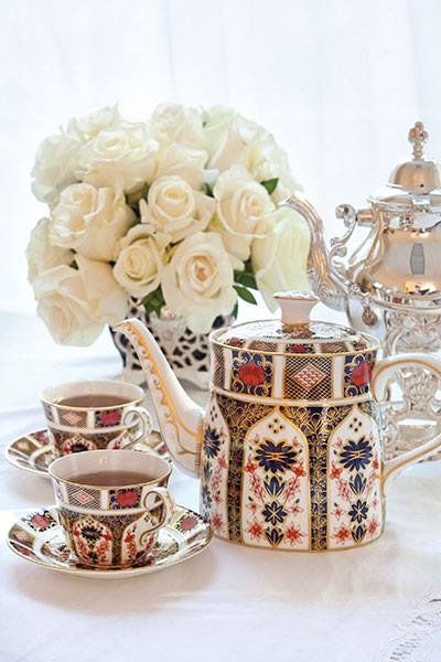 Royal Crown Derby Imari pattern tea set with white roses, from TeaTime Magazine