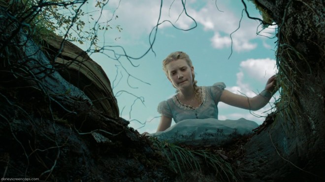 Mia Waskikowska in Tim Burton's Alice in Wonderland, by Disney, falling into rabbit-hole
