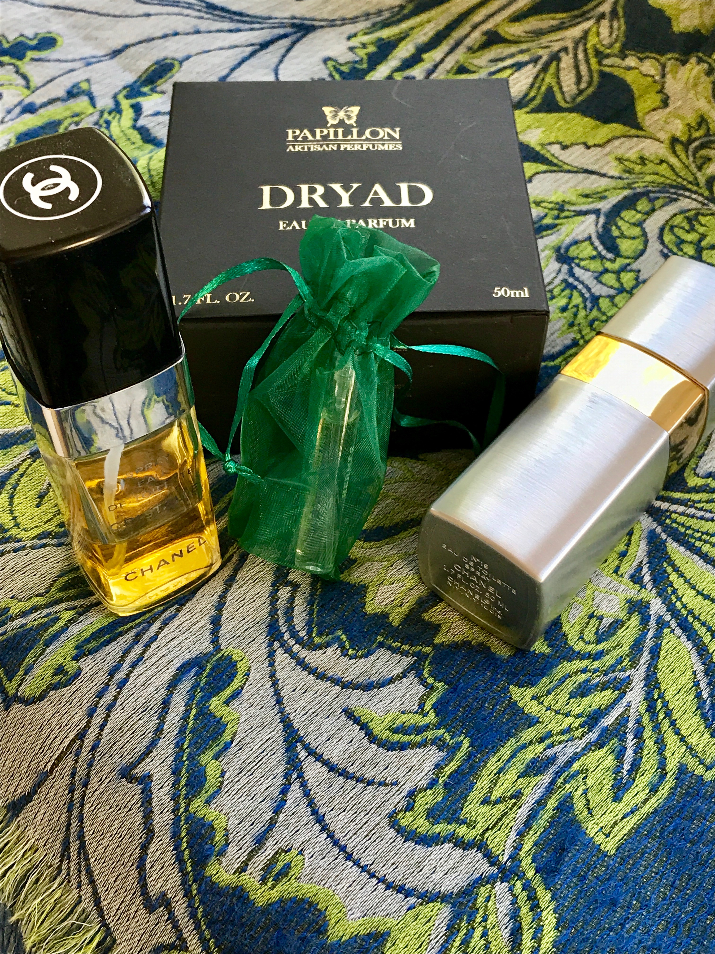 Green fragrances: Chanel No. 19, Cristalle, Papillon Dryad, on Liberty shawl