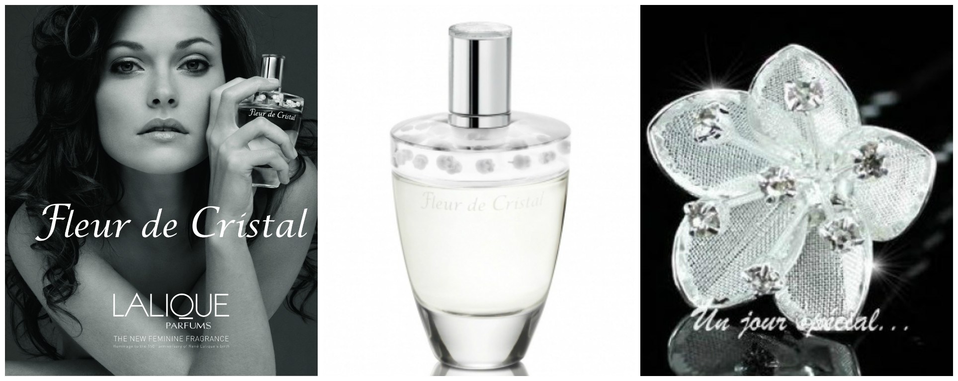 Ad for Lalique eau de parfum Fleur de Cristal with perfume bottle