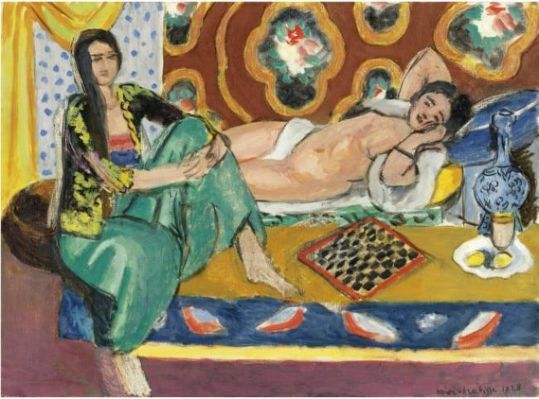 Oil painting of odalisques playing checkers, by Henri Matisse