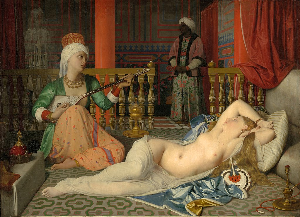Painting of an odalisque in a harem with slave and eunuch, by Jean August Dominique Ingres; Fogg Art Museum.