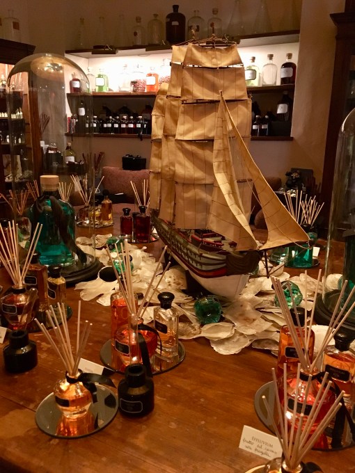 Table of fragrance products at Aquaflor, Florence, Italy