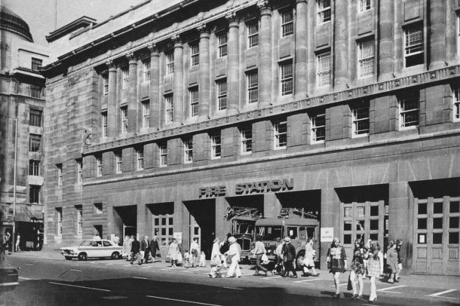 Fire station on Pilgrim Street, Newcastle, UK, 1972, with pedestrians