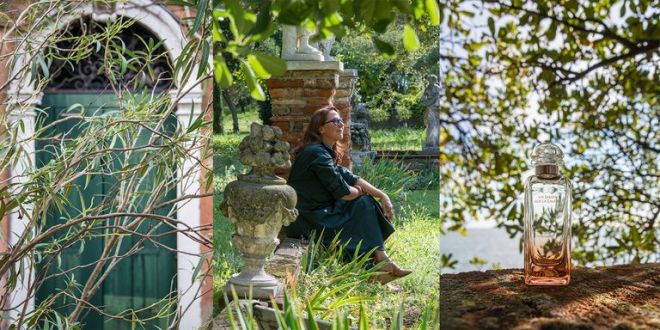 Photo collage of Venetian island garden and Hermes perfumer Christine Nagel