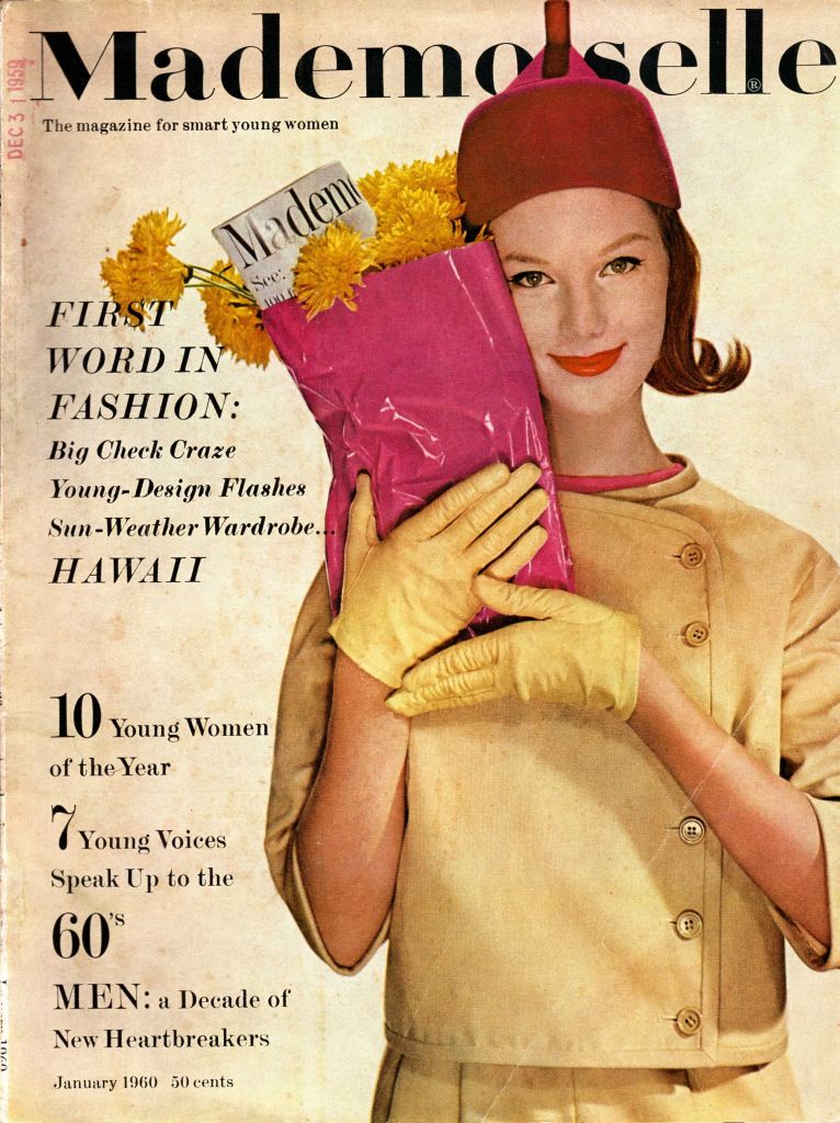 Cover of Mademoiselle magazine, girl in yellow dress with gloves and hat