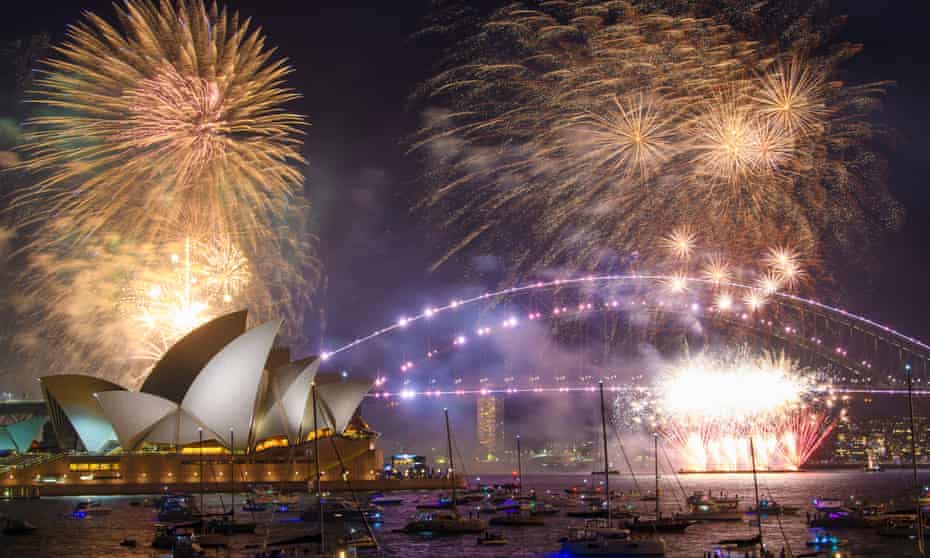Fireworks exploding over water, Sydney, Australia