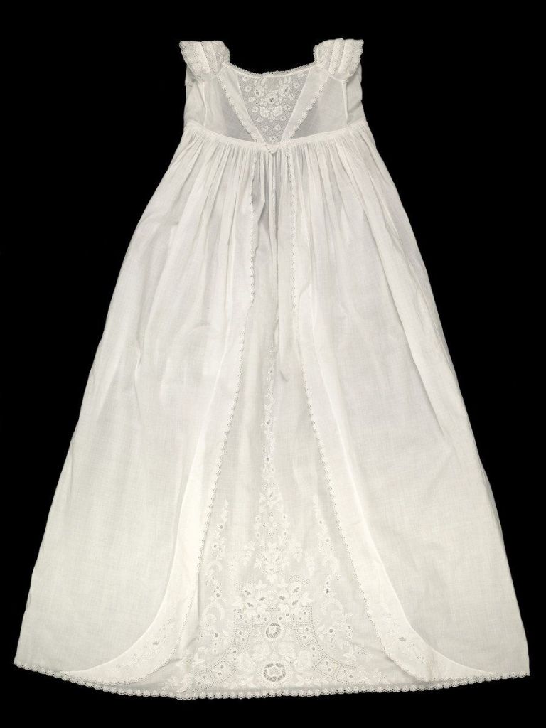 Christening gown embroidered with Ayrshire whitework