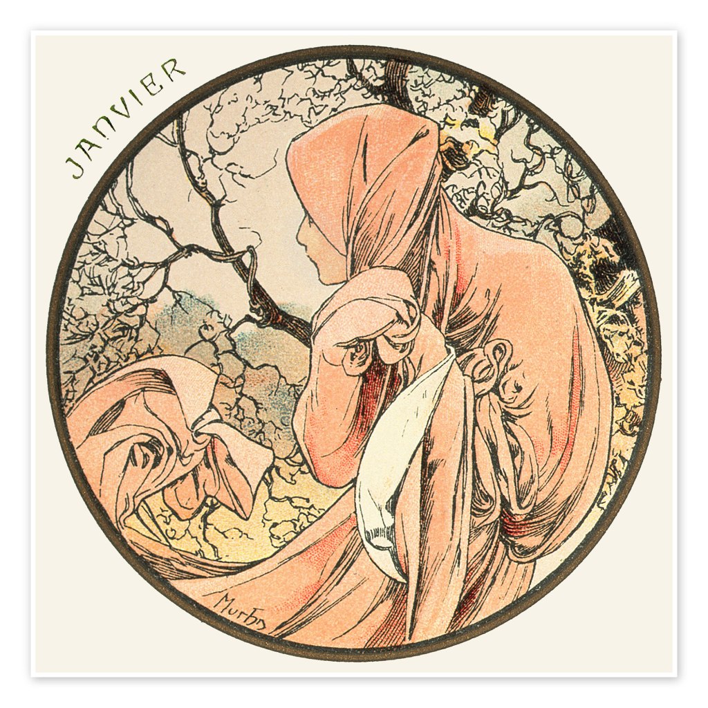 Illustration of "January" as woman in red cloak by artist Alfons Mucha