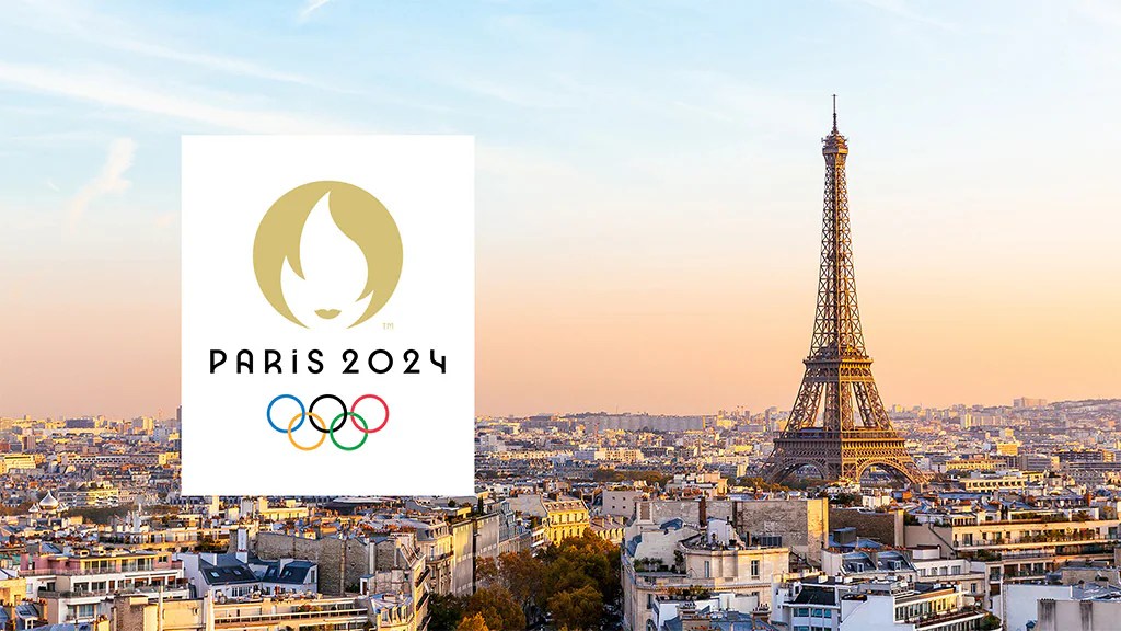 View of the Eiffel Tower and the Paris Olympics 2024 logo